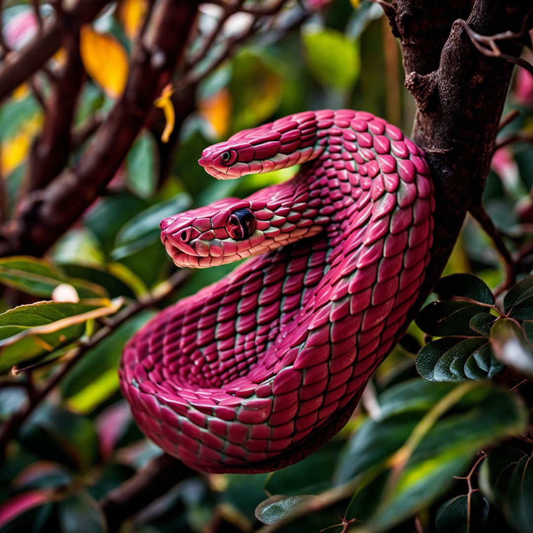 High-definition nature photograph featuring a vibrant pink snake coiled on a tree branch amidst lush green foliage, with perfect lighting composition and a pink aesthetic reminiscent of National Geographic.