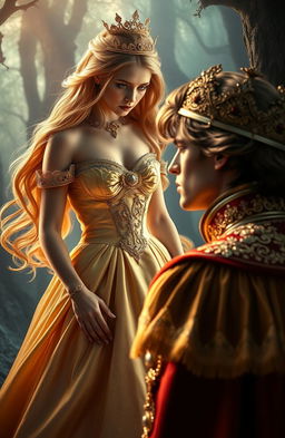 A dramatic scene featuring a cursed princess with a regal yet sorrowful demeanor, adorned in an exquisite gown that shimmers in the light, her hair flowing like liquid gold, depicting her beauty despite her curse