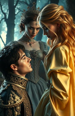 A dramatic scene featuring a cursed princess with a regal yet sorrowful demeanor, adorned in an exquisite gown that shimmers in the light, her hair flowing like liquid gold, depicting her beauty despite her curse