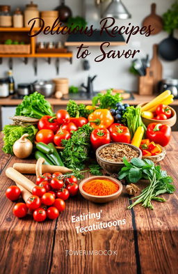 A beautifully arranged cookbook cover design, featuring a wooden table with an array of fresh ingredients including colorful vegetables, herbs, and spices