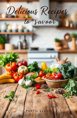 A beautifully arranged cookbook cover design, featuring a wooden table with an array of fresh ingredients including colorful vegetables, herbs, and spices