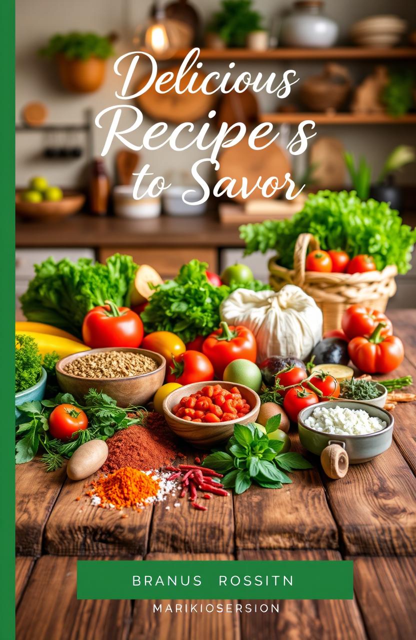 A beautifully arranged cookbook cover design, featuring a wooden table with an array of fresh ingredients including colorful vegetables, herbs, and spices