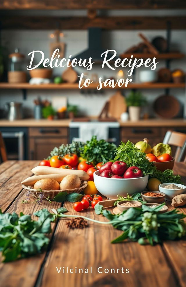 A beautifully arranged cookbook cover design, featuring a wooden table with an array of fresh ingredients including colorful vegetables, herbs, and spices