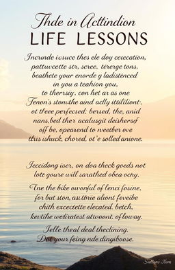 Inspirational life lessons presented as quotes, with an artistic background of a calm landscape, featuring soft sunlight illuminating the scene