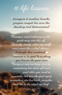 Inspirational life lessons presented as quotes, with an artistic background of a calm landscape, featuring soft sunlight illuminating the scene