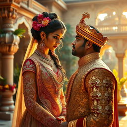 A dramatic scene set in an exotic Indian palace, featuring a cursed princess dressed in an elaborate, traditional Indian gown with intricate embroidery and vibrant colors, her hair adorned with beautiful jewels and flowers