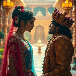 A dramatic scene set in an exotic Indian palace, featuring a cursed princess dressed in an elaborate, traditional Indian gown with intricate embroidery and vibrant colors, her hair adorned with beautiful jewels and flowers