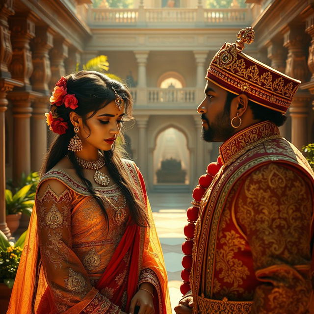 A dramatic scene set in an exotic Indian palace, featuring a cursed princess dressed in an elaborate, traditional Indian gown with intricate embroidery and vibrant colors, her hair adorned with beautiful jewels and flowers