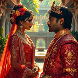 A dramatic scene set in an exotic Indian palace, featuring a cursed princess dressed in an elaborate, traditional Indian gown with intricate embroidery and vibrant colors, her hair adorned with beautiful jewels and flowers