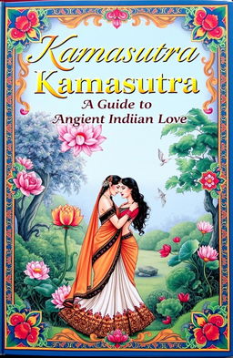 An intricately illustrated cover of a Kamasutra guide book showcasing ancient Indian love and relationship teachings