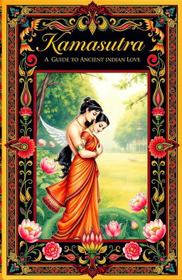 An intricately illustrated cover of a Kamasutra guide book showcasing ancient Indian love and relationship teachings