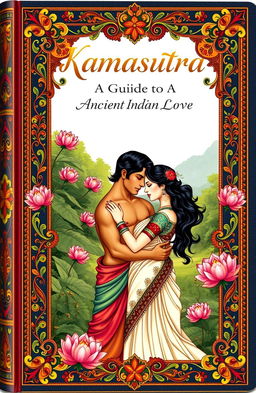 An intricately illustrated cover of a Kamasutra guide book showcasing ancient Indian love and relationship teachings