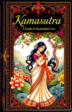 An intricately illustrated cover of a Kamasutra guide book showcasing ancient Indian love and relationship teachings