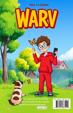 Front cover illustration of a 7-year-old boy named Warv, wearing a bright red hoodie and trousers, with short brown hair and glasses