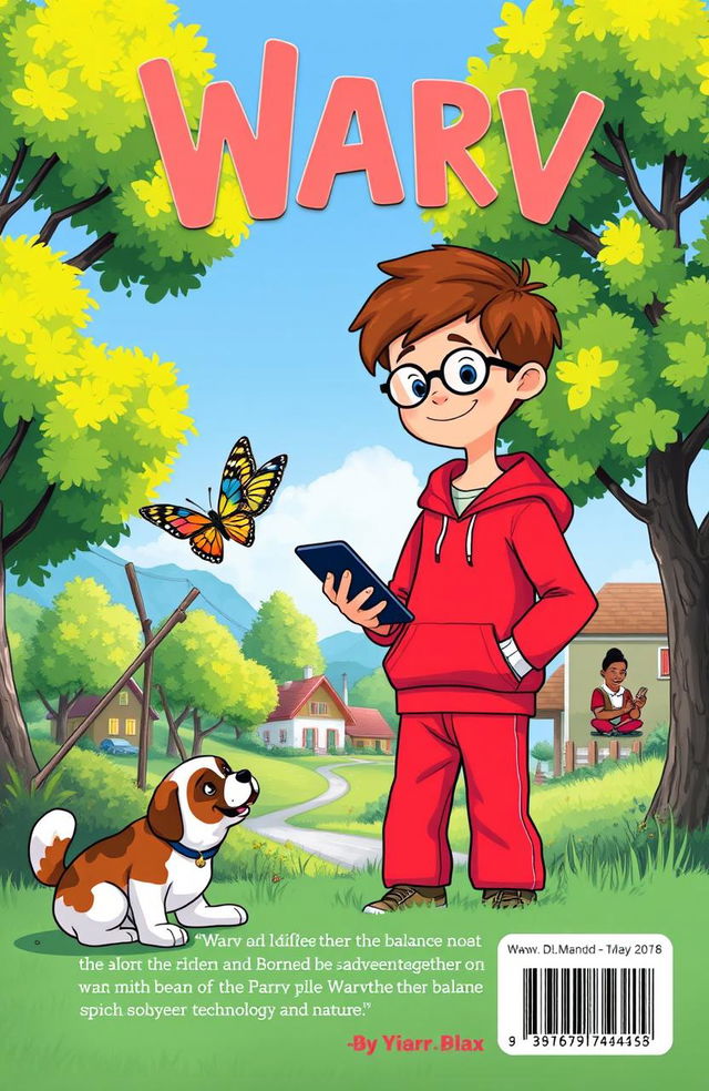 Front cover illustration of a 7-year-old boy named Warv, wearing a bright red hoodie and trousers, with short brown hair and glasses