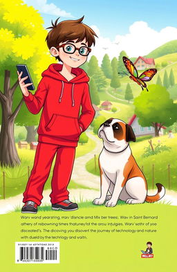 Front cover illustration of a 7-year-old boy named Warv, wearing a bright red hoodie and trousers, with short brown hair and glasses