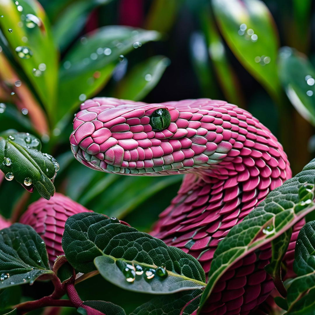 High-definition nature photograph of a vibrant pink snake in a lush green landscape, captured with perfect lighting and ultra-intense camera shot, exuding kawaii vibes and a pink aesthetic.