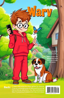 Front cover illustration of a 7-year-old boy named Warv, wearing a bright red hoodie and trousers, with short brown hair and glasses
