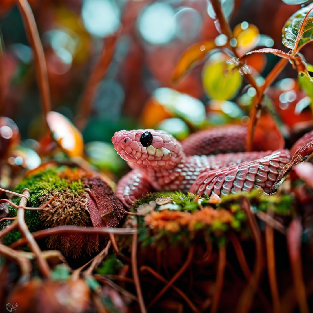 32k resolution nature photograph featuring an adorable pink baby snake nestled in dew-kissed moss with a blurred forest background.