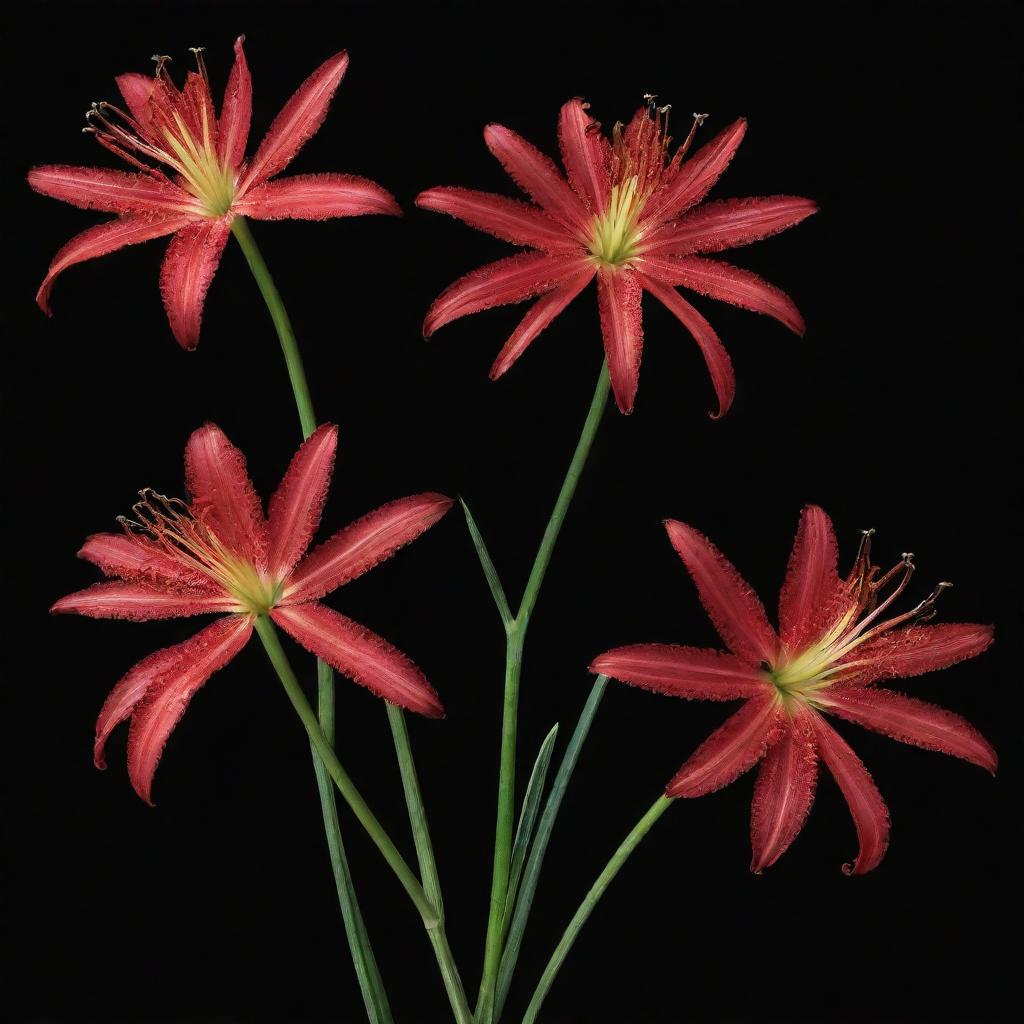 Ethereal spider lilies blooming in stark contrast against a solid, deep black background. Their vibrant red colors stand out vividly, their intricate patterns illuminated, creating a dramatic and captivating scene.