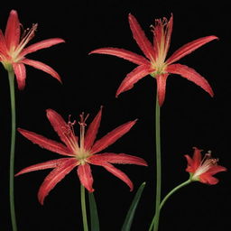 Ethereal spider lilies blooming in stark contrast against a solid, deep black background. Their vibrant red colors stand out vividly, their intricate patterns illuminated, creating a dramatic and captivating scene.