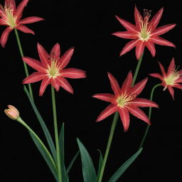 Ethereal spider lilies blooming in stark contrast against a solid, deep black background. Their vibrant red colors stand out vividly, their intricate patterns illuminated, creating a dramatic and captivating scene.