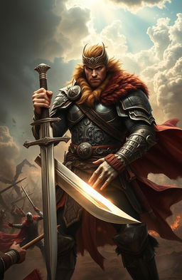 A fierce warrior clad in ornate armor, gripping a gleaming sword tightly, standing valiantly on a chaotic battlefield