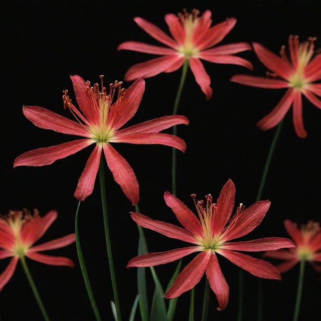 Ethereal spider lilies blooming in stark contrast against a solid, deep black background. Their vibrant red colors stand out vividly, their intricate patterns illuminated, creating a dramatic and captivating scene.