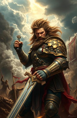A fierce warrior clad in ornate armor, gripping a gleaming sword tightly, standing valiantly on a chaotic battlefield