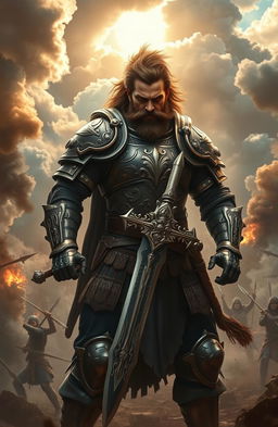 A fierce warrior clad in ornate armor, gripping a gleaming sword tightly, standing valiantly on a chaotic battlefield