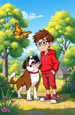 An enchanting illustration of Warv, a curious 7-year-old boy with short brown hair and glasses, wearing a vibrant red hoodie and trousers, holding a black mobile phone in one hand
