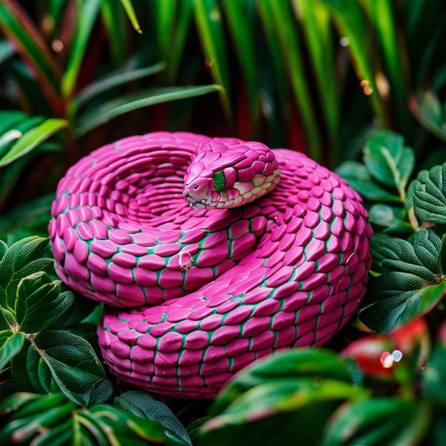 High-definition nature photograph of a vibrant pink snake in a lush green landscape, captured with perfect lighting and ultra-intense camera shot, exuding kawaii vibes and a pink aesthetic.