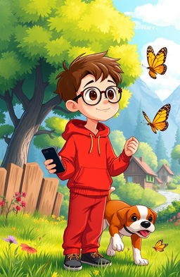 An enchanting illustration of Warv, a curious 7-year-old boy with short brown hair and glasses, wearing a vibrant red hoodie and trousers, holding a black mobile phone in one hand