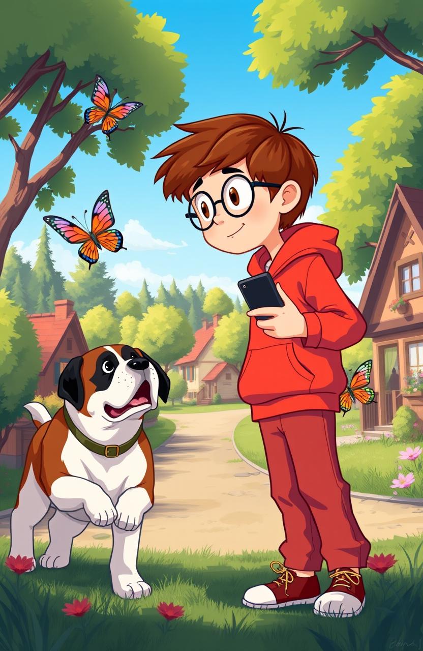 An enchanting illustration of Warv, a curious 7-year-old boy with short brown hair and glasses, wearing a vibrant red hoodie and trousers, holding a black mobile phone in one hand