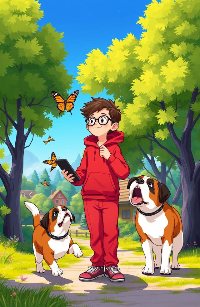 An enchanting illustration of Warv, a curious 7-year-old boy with short brown hair and glasses, wearing a vibrant red hoodie and trousers, holding a black mobile phone in one hand