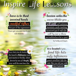 A series of inspiring life lessons presented in an artistic manner, featuring quotes that focus on themes like resilience, kindness, self-discovery, and positivity