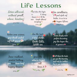 A series of inspiring life lessons presented in an artistic manner, featuring quotes that focus on themes like resilience, kindness, self-discovery, and positivity