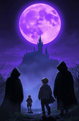 A mystical nighttime scene featuring a large purple moon illuminating the sky, casting a surreal glow