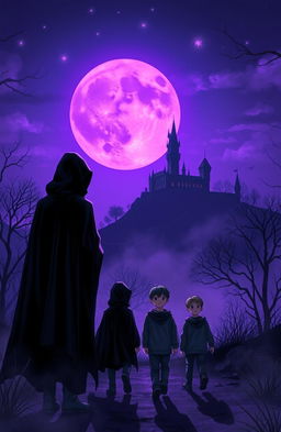 A mystical nighttime scene featuring a large purple moon illuminating the sky, casting a surreal glow