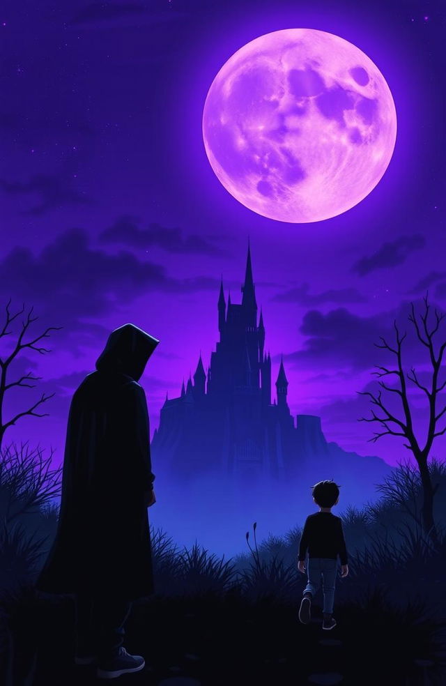 A mystical nighttime scene featuring a large purple moon illuminating the sky, casting a surreal glow