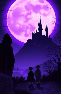 A mystical nighttime scene featuring a large purple moon illuminating the sky, casting a surreal glow