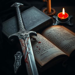 An artfully designed composition featuring a blood-stained sword resting beside an ancient, inked book