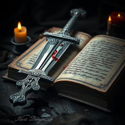 An artfully designed composition featuring a blood-stained sword resting beside an ancient, inked book