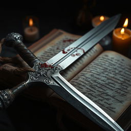An artfully designed composition featuring a blood-stained sword resting beside an ancient, inked book
