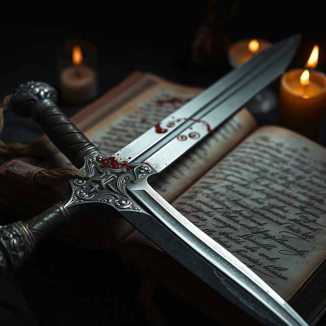 An artfully designed composition featuring a blood-stained sword resting beside an ancient, inked book