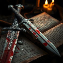 An artfully designed composition featuring a blood-stained sword resting beside an ancient, inked book
