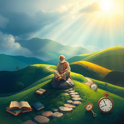 An abstract depiction of life's lessons, symbolized through a serene landscape featuring a winding path through lush green hills, with rays of sunlight breaking through the clouds above
