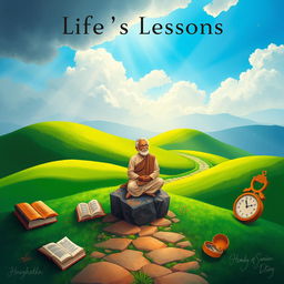An abstract depiction of life's lessons, symbolized through a serene landscape featuring a winding path through lush green hills, with rays of sunlight breaking through the clouds above