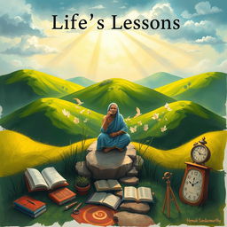 An abstract depiction of life's lessons, symbolized through a serene landscape featuring a winding path through lush green hills, with rays of sunlight breaking through the clouds above