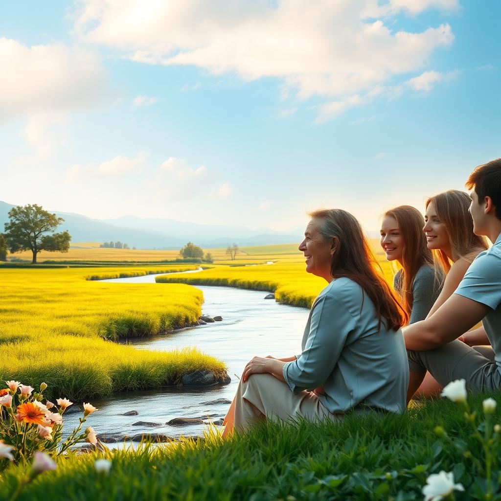 A beautiful serene landscape with a gentle river flowing through lush green fields under a soft blue sky, where an elderly woman, representing wisdom, shares life lessons with a group of diverse young adults sitting around her